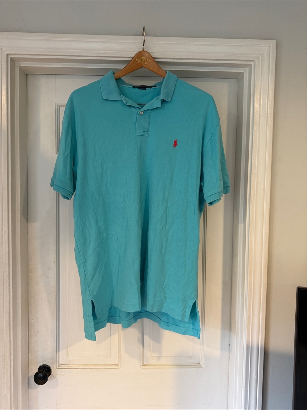 Polo by Ralph Lauren Men’s Aqua Blue Short Sleeve Polo with Pink Pony